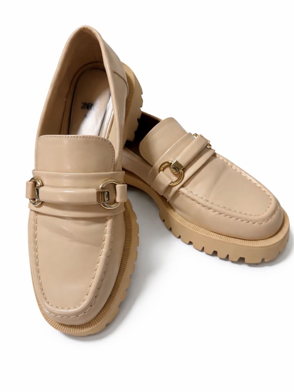 Zara Beige Chunky-Sole Leather Loafers with Gold Hardware